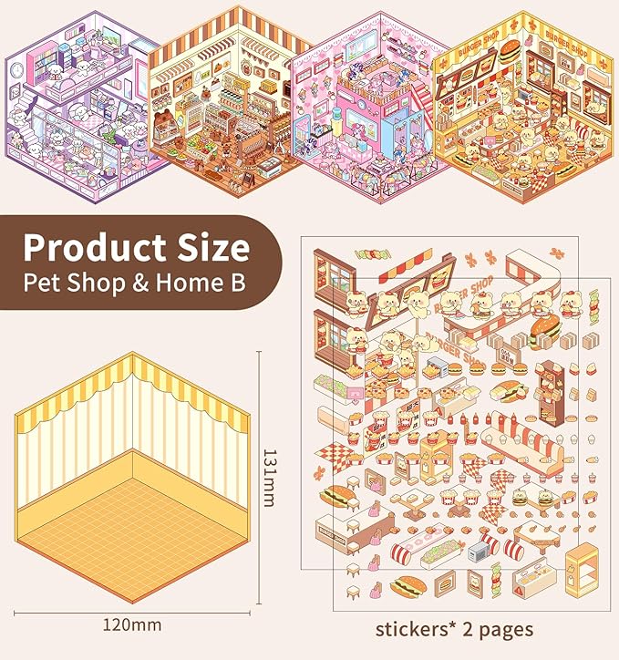 DIY 3D House Stickers, 4 Sets Fun DIY Stickers Scene Make Your Own Mini House Cute Cartoon Animal Scene Sticker for Kids Adult Sticker Art Relief Stress Pass The Time