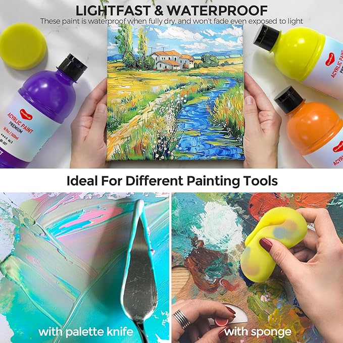 12 Colors Large Acrylic Paint Set (16.9 oz,500 ml), Bulk Acrylic Paint Non-Toxic Art Painting Supplies on Multi Surface Pumpkin Canvas Wood Craft Fabric Rock for Artist Kids with Color Wheel