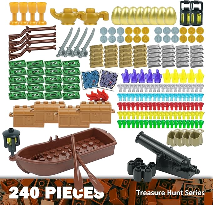 Money Pirate Ship Treasure Accessories, Bank Dollars Cannon Crystals Gems Coins Gold Bar Silver Map Cash Chest, City Friends People Weapons Bricks Parts and Pieces Building Blocks Toys