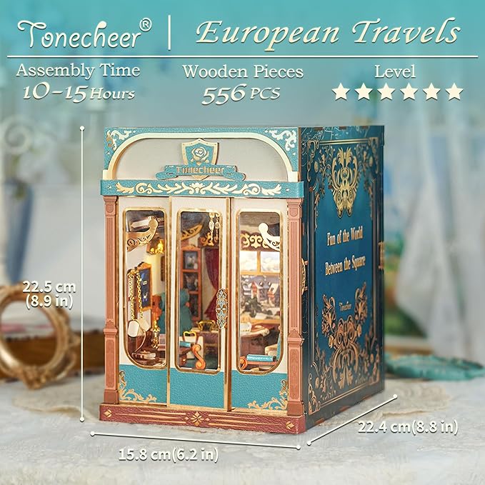 Tonecheer DIY Book Nook Kit for Adults, Miniature Infinity Train Cabin European Vintage Carriage Model, Wooden 3D Puzzle Dollhouse Booknook Decorative Bookend Gifts (European Travels)