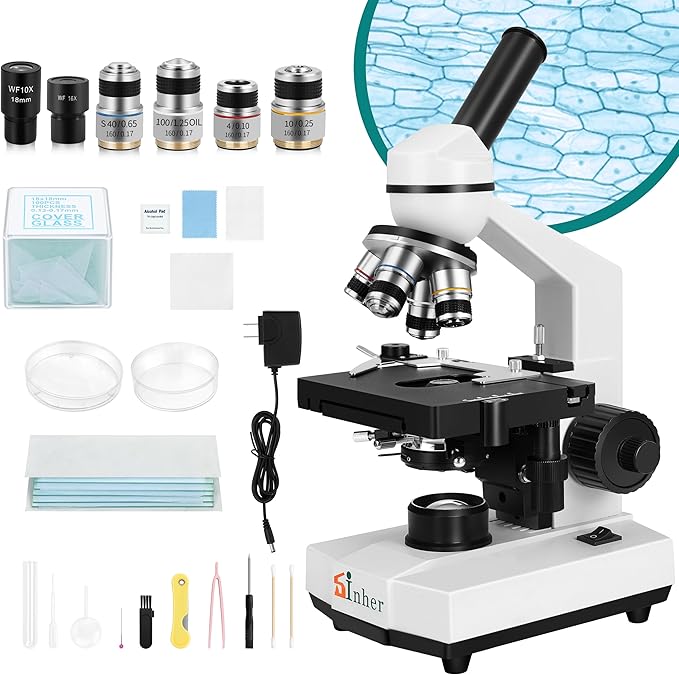 Sinher XSP-104 Profesional Science Compound Monocular Microscopes 40X-1600X for Adults Student Kids 8-12,with Microscope Slides, Microscope Kit for School Lab Home Education
