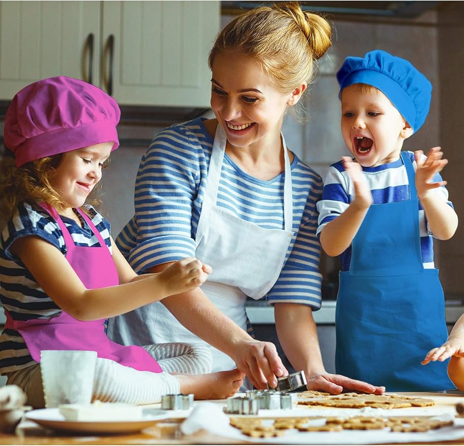 SATINIOR 8 Set Kids Apron and Chef Hat Set Kids Apron with 2 Pockets Adjustable for Boys Girl's Cooking Baking Painting