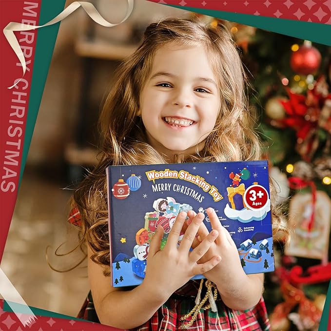 Vileafy Christmas Toys for Toddlers and Kids Gifts, Xmas Wooden Stacking Toys -12 Play Figure Playsets -Santa Claus, Snowman, Reindeer & Gingerbread Man for Stocking Stuffers