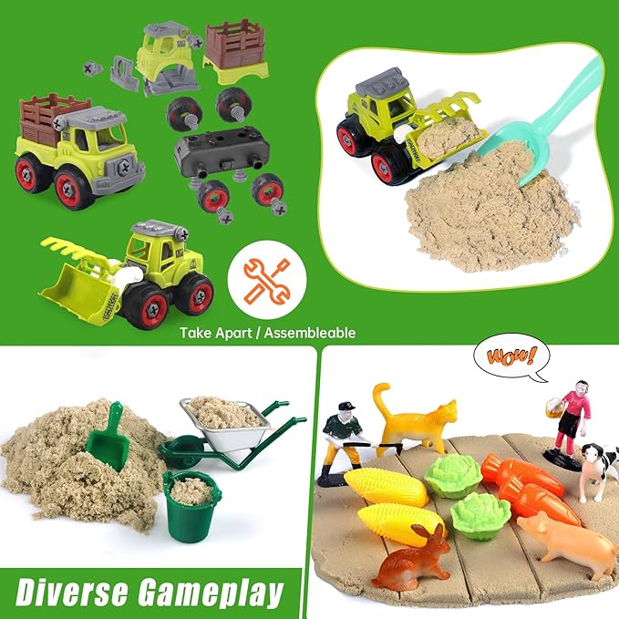 Farm Sensory Bin, Farm Sensory Kits Toy with 2.2lbs Play Sand, 31pcs Animals Trucks Creativity Magic Sand Box with Lid, Christmas Birthday Gift for Boys Kids Toddlers Ages 3 4 5 6 7 8