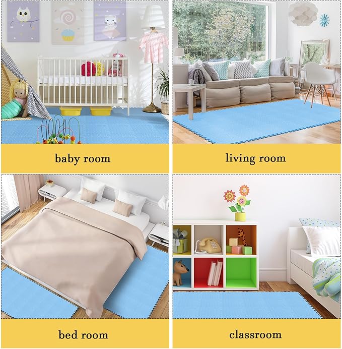 Shihanee 16 Pcs Foam Floor Baby Tiles 11.81 x 11.81 inches Foam Floor Mats Play Mats Bulk with Borders Interlocking for Kids Baby Playroom Nursery Gym（Blue）