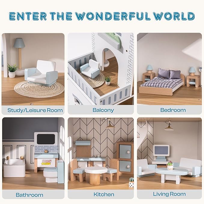 ROBOTIME Wooden Dollhouse, Wooden Doll House with 29 Pieces of Furniture, 6 Rooms Fits 4-6 Inch Dolls, Gift for Kids Ages 3+