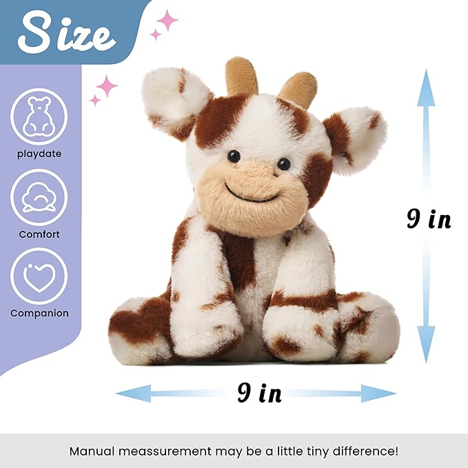 Hopearl Adorable Plush Cow Toy Floppy Dairy Cattle Soft Stuffed Animal Cute Birthday Gifts for Boys Girls Kids Toddlers, Dark Brown, 9''