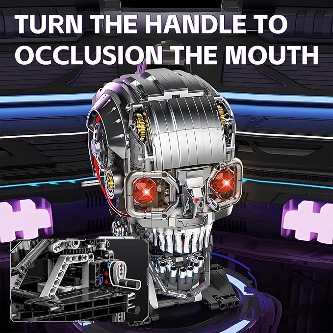 Mechanical Skull Building Block Set 3D Poseable Model with Mandibular Teeth Bite Drive can be driven by hand or motor for STEM Toys for Kids & Adults Perfect for Horror Fans & Gothic Room Decor