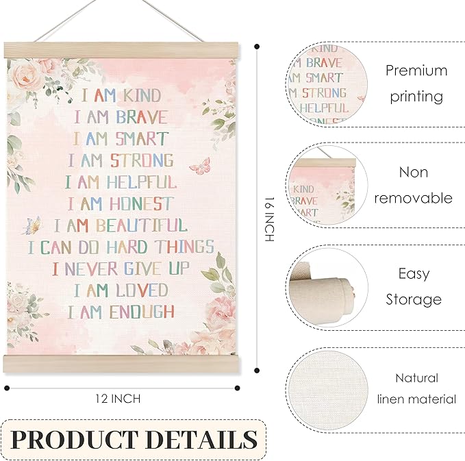 Koesus Inspirational Girls Nursery Wall Art Poster Hanger Frame 12x16 Inch, Boho Pink Floral Positive Affirmation Canvas Pictures Prints Framed Wall Decor for Toddler Girls Room Nursery Playroom