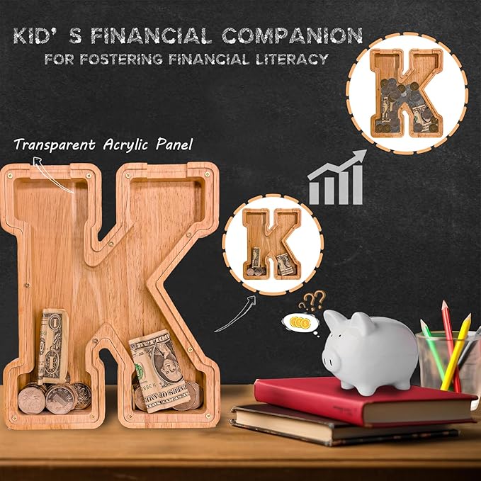 Wooden Letter Piggy Bank for Kids Larger Letter Piggy Bank for Boys and Girls Personalized Piggy Bank Initial Coin Bank Wood Kids Money Bank for Birthday and Festival
