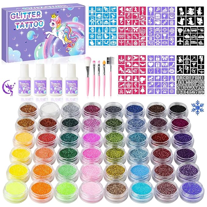 Temporary Glitter Tattoos Kit for Kids,48 Glitter Colors, 178 Stencils,4 Glue,5 Brushes,Adults and Kids Arts Glitter Kit,Wonderful Holiday Gifts for Girls & Boys.