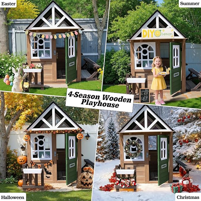Kids Playhouse Outdoor, Wooden Play House Playset with Kitchen, Fence, Bench, Dog Door, Doorbell & Flower Pot,Fun Backyard Cottage for Ages 3-8 (Green)