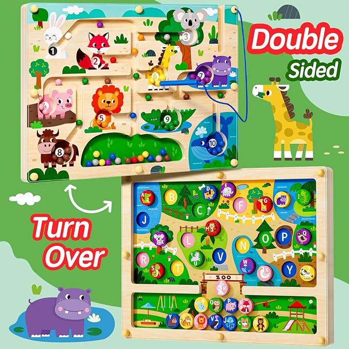 2 in 1 Magnetic Color and Number Maze Magnet Alphabet Counting Double Sided Board Wood Puzzle Fine Motor Skills Montessori Preschool Toys Gifts for Boys and Girls 3-5 Age (Zoo, One Size)