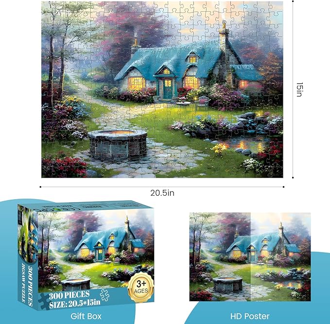 300 Piece Puzzles for Adults, Charming Cottage Jigsaw Puzzles with Flowers and Trees, Relaxing 300 Piece Puzzle, Perfect for Family Time, Wall Decor, Gift for Adults, Kids, Seniors, 20.5 x 15 in