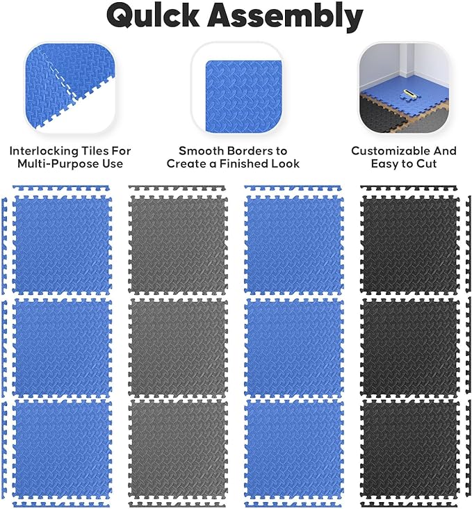 Home Gym Mat, Puzzle Exercise Mat,EVA Interlocking Foam Floor Tiles for Home Workout Equipment and Kids' Play Areas - Blue, 24 in x 24 in x ½ in - 32 Tiles (Blue, 32 Pack 128 sq ft)