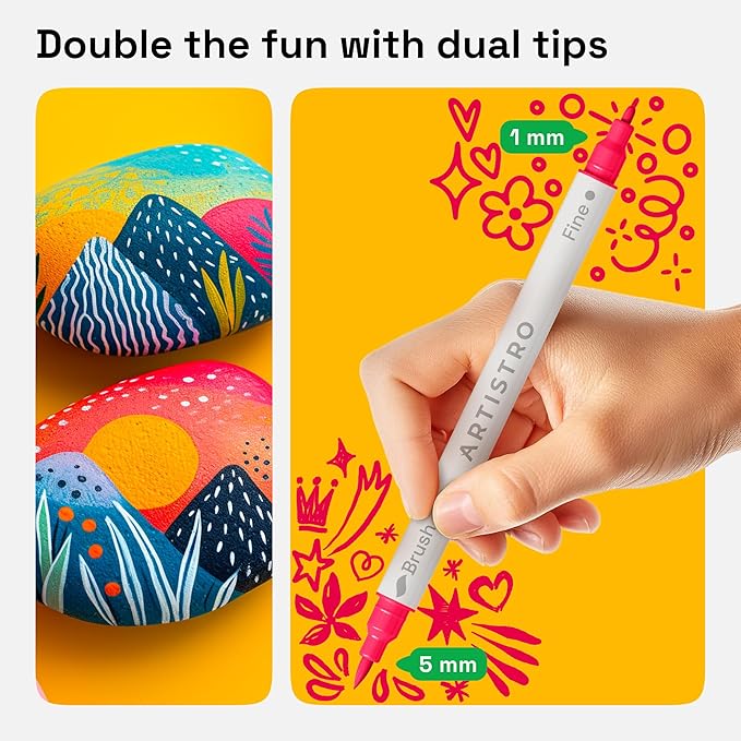 ARTISTRO 48 Dual Tip Brush + Fine Acrylic Paint Pens Ideal for Calligraphy - Paint Markers for Fabric, Rock, Glass, DIY - Stocking Stuffers, Christmas Gift Idea for Teens, Grandkids, Kids