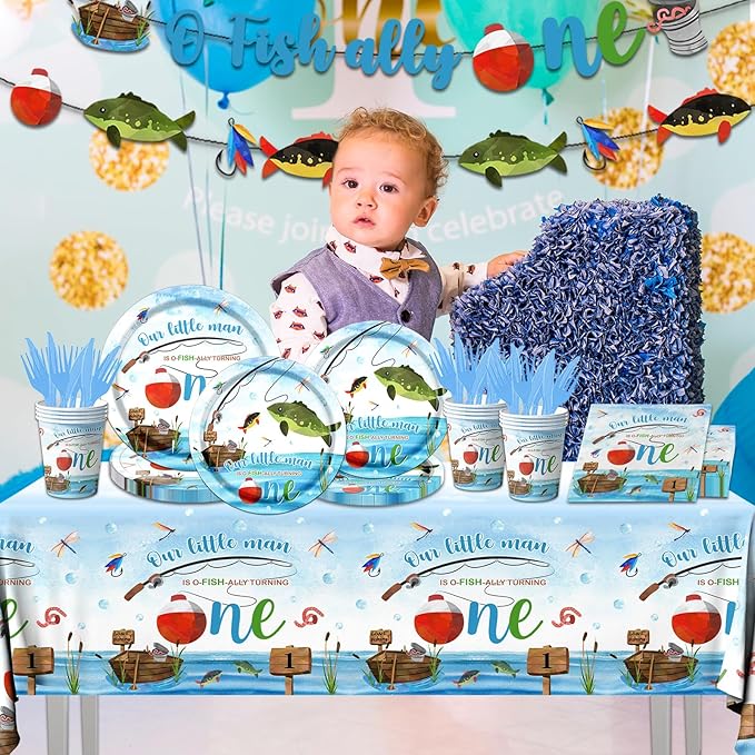 Ofishally One Birthday Decorations,142Pcs Gone Fishing 1st Birthday Party Supplies Our Little Man Is Ofishally Turning Plates Napkins Cups Tablecloth for O Fishally One First birthday Party Supplies