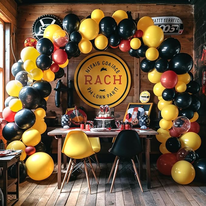 Race Car Balloons, 12 Inch Red Yellow Black Race Car Party Supplies Checkered Flags Racing Party Printed Latex Balloons for Race Fans Birthday Party Fast Birthday Party Decorations Supplies