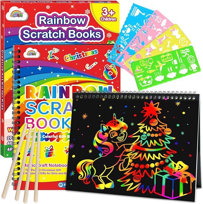 ZMLM Scratch Paper Art-Crafts Gift: 2 Pack Rainbow Notebooks Supplies Toys Stocking Stuffers for 3 4 5 6 7 8 9 10 Years Old Girls and Boys Kids Christmas Birthday Party Games
