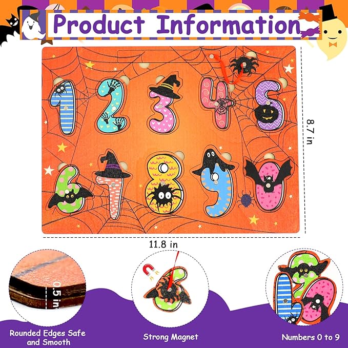 2Pcs Halloween Wooden Peg Puzzles Toys Magnetic Wooden Fishing Game for Toddlers Educational Puzzle for Years Old 3-5 Boy Girl Kid Halloween Basket Stuffers Fillers Gifts
