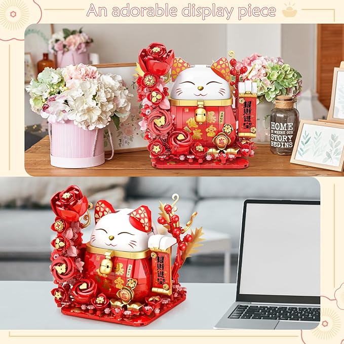 Lucky Cat Building Block Set, Compatible with Lego Cat, 868Pcs Cute Fortune Cat with Flowers Building Blocks, Christmas Birthday Creative Gift for Girls Boys Adult (Red Cat)