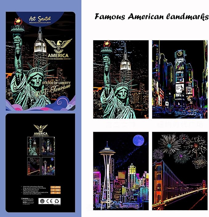 BulChign Scratch Painting Rainbow Paper Cards Kits for Adults,8 Sheets Rainbow City Ancient Capital Scratchboard(7.9 x 5.5 inch) with 6 Tools - Tourist Souvenirs (America/Global Architecture)