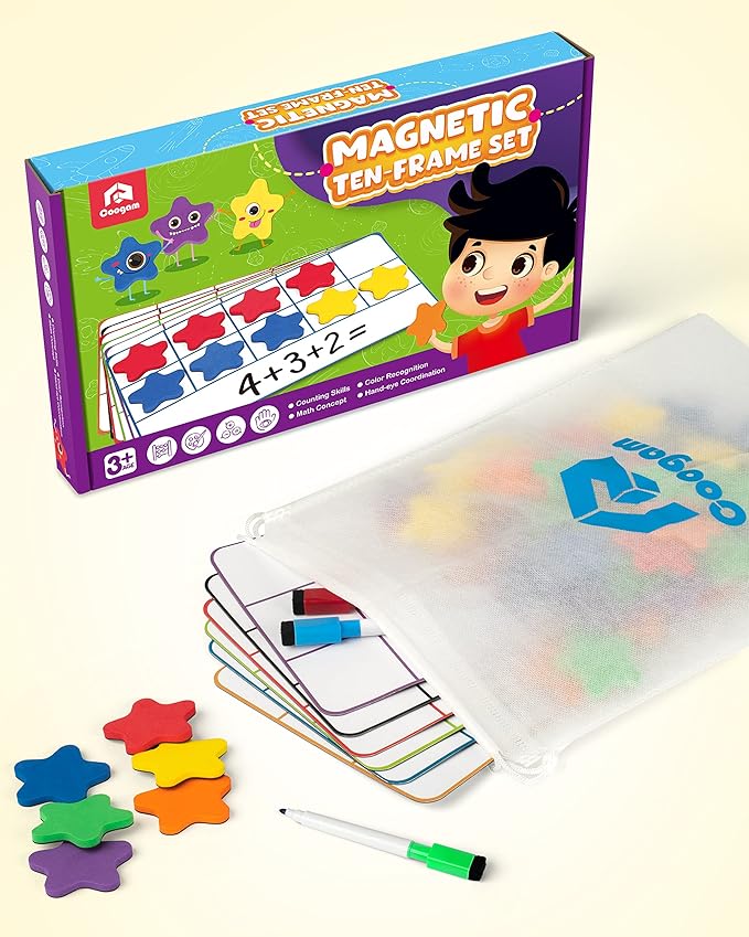 Coogam Magnetic Ten-Frame Set, Math Manipulative EVA Number Counting Games, Montessori Educational Toy Gift for Kindergarten Classroom Kids 3 4 5 Year Old