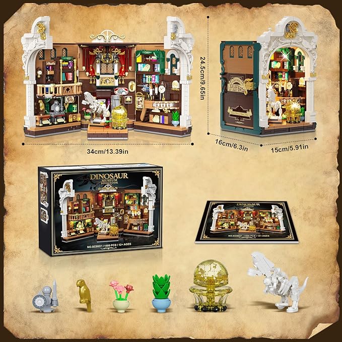 Dinosaur Museum Book Nook Building Set with Lights, DIY Booknook Building Block Toy for Bookshelf Home Decor, 1500 PCS Miniature House Model Building Brick Kit for Adults Teens Boys Girls 12+