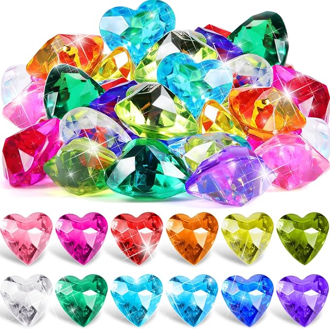 Hicarer 100 Pieces Diving Gem Pool Toys Colorful Big Diamond Pirate Treasure Diving Gems Acrylic Heart Gemstones Summer Beach Underwater Swimming Toys for Kids Swimming Party Favor Pool Training Gift