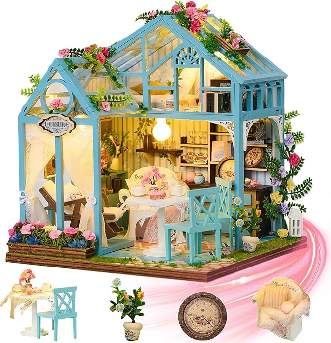 Miniature House Kit for Adults - Tiny House Kit with Furniture & LED Light - DIY Wooden Dollhouse Miniature Kits for Adults Teen - DIY Adult Craft Kits Creative Gift for Home Decor