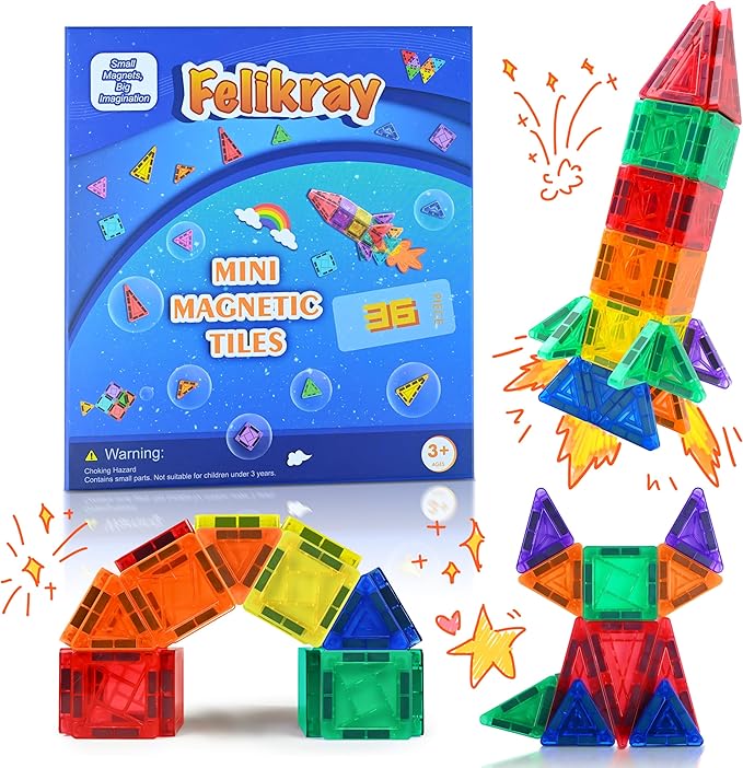 Mini Magnetic Tiles 36pcs, Travel Kids Toys STEM Magnet Toy for Toddler Magnetic Blocks Building Preschool Learning Sensory Montessori Toy for 3+ Year Old Boys and Girls