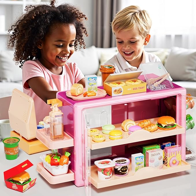Toddler Toy Grocery Store, Supermarket Playset with Touch Voice Cash Register, Scanner, Coffee Maker, Play Food, Play Money, Pretend Play Toys for Toddlers Kids Birthday (Pink)
