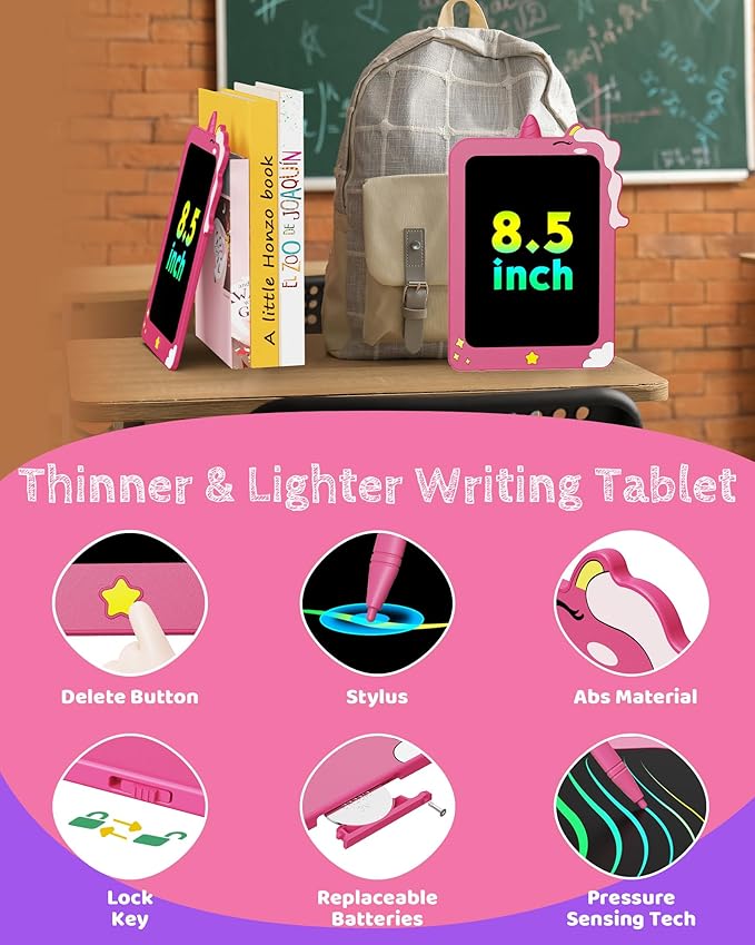TEKFUN LCD Writing Tablet for Kids, 8.5 Inch Unicorn Doodle Board, Drawing Tablet, Reusable Electronic Pads Educational and Learning Toy Gift for 3-8 Years Old Boy and Girl (Pink)