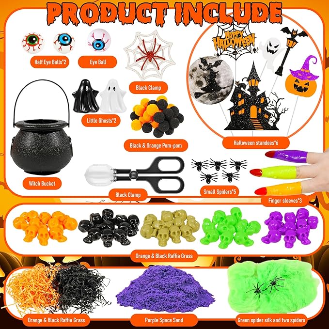 Bbiamsleep Halloween Sensory Bin, 141 Pcs Halloween Sensory Sand Kit with Color Sand for Birthday Party