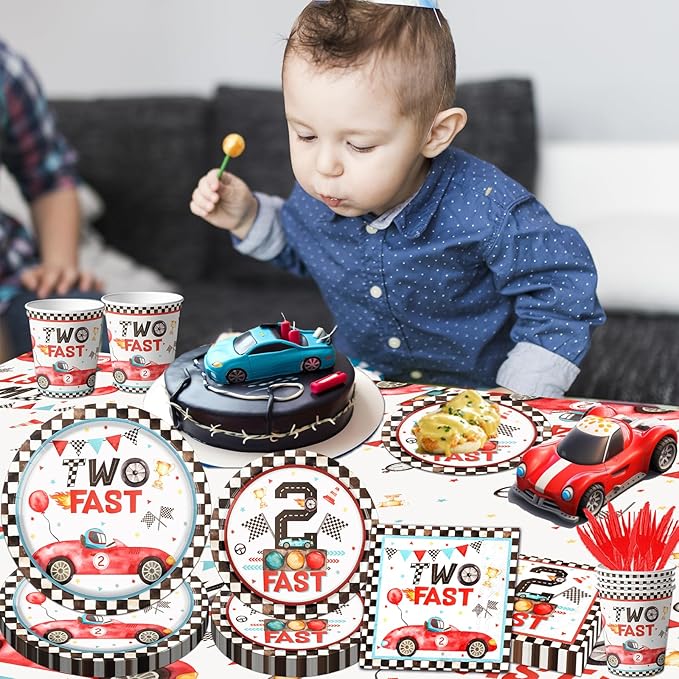 Two Fast Birthday Party Supplies, 142pcs Race Car 2nd Birthday Decorations Tableware Kit Includes Race Car Plates Napkins Tablecloth for Two Years Old Party Baby Shower Decorations Favors for Boys