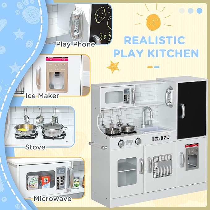 Qaba Kids Kitchen Playset - Pretend Play Toy Kitchen with Phone, Chalkboard, Towel Rack, Ice Maker, 5 Accessories, Storage Space, Microwave & Sink - Gift for 3-8 Years, White