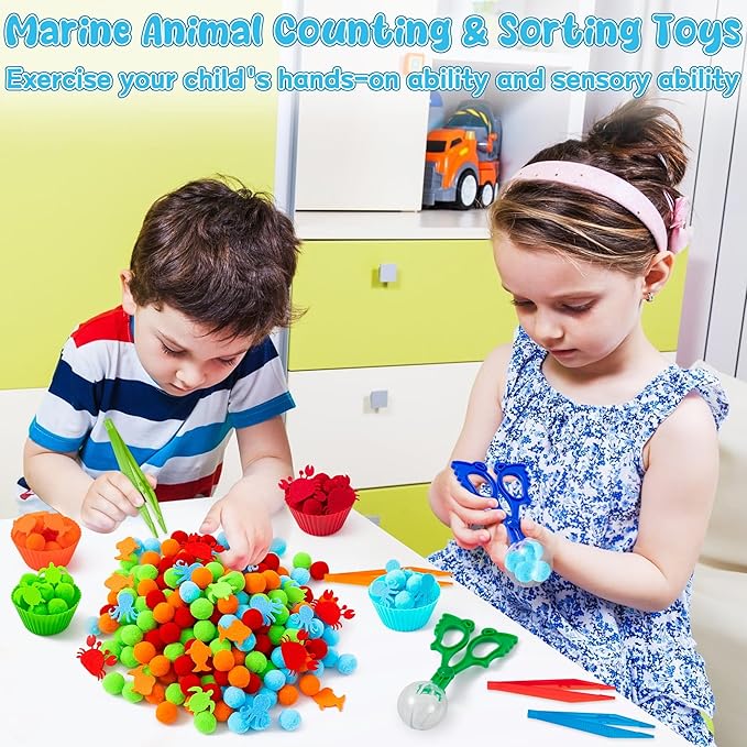 EZdhuawuse Summer Sea Animal Sensory Bin Fillers - 295Pcs Ocean Animal Fine Motor Toys Color Counting Sorting Set for Kids, Felt Octopus Crab Turtle Pom Poms Cup Clip for Preschool Education Training