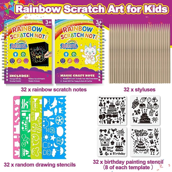 Scratch Art for Kids: 32 Pack Rainbow Scratch Paper Party Favors - Art Crafts Notebook Suitable for Birthday Gifts/School Crafts Kit/Classroom Prizes for Girls and Boys Aged 4-12