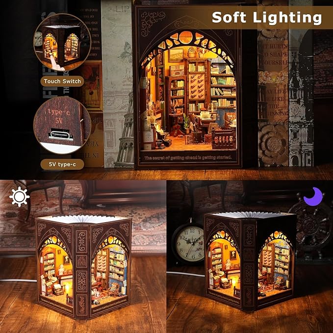 Book Nook Kit with LED Light,Beautiful Bookshelf Décor,Ideal Craft Gift for Adults & Teens for Birthdays, Halloween, and Christmas.
