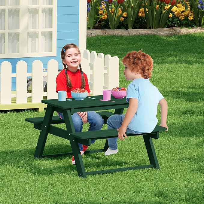 Costaelm Kids Picnic Table, HDPE All Weather Outdoor Toddler Picnic Table and Chair Set Kids Bench for Patio, Backyard, Garden, Lawn, Dark Green