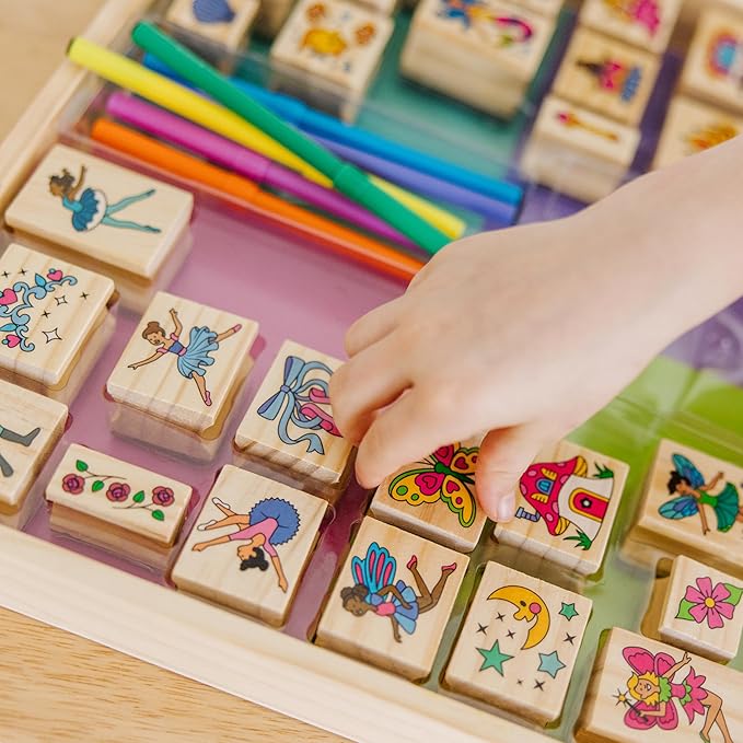 Melissa & Doug Deluxe Wooden Stamp and Coloring Set – Fairy Tale (30 Stamps, 6 Markers, 2 Durable 2-Color Stamp Pads) Fairy Tale-Themed Wooden Stamps for Kids and Coloring Activity Set