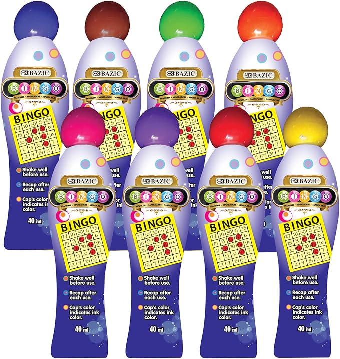 BAZIC Products Bingo Dot Marker 40 ml Assorted Color, Non Toxic Water Based Washable Markers, Stamper Paint Kit for Game Kids Crafting Painting, 24-Pack
