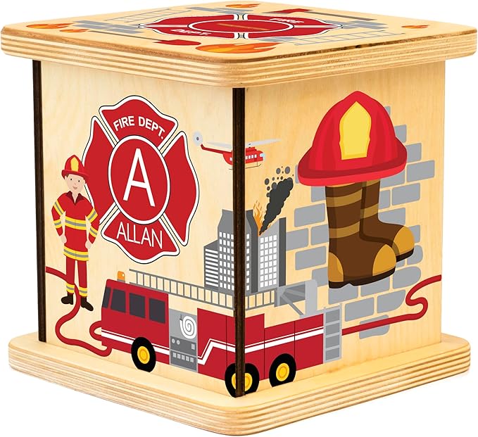 Wooden Piggy Bank for Kids and Adults, Personalized Gift Handmade in USA by BloomOwl, Custom Piggy Bank, Personalized Banks for Kids, Gifts for Baby Boys and Girls (Firefighter)