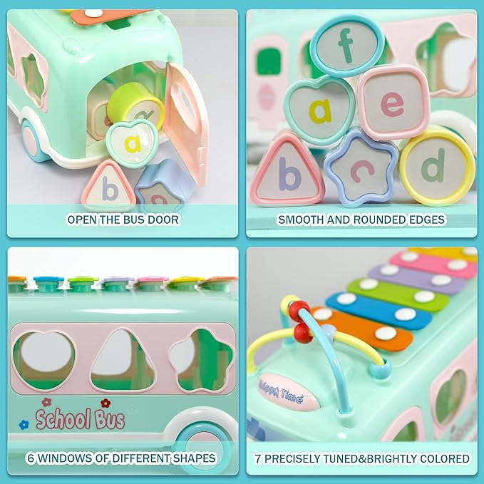 Baby Bus Xylophone Toys for 1 Year Old Girl Gifts, 5-in-1 Montessori Baby Musical Bus Toys for Toddler 1-3, Shape Sort Educational Early Learning Toy 1st First Birthday Gifts for Girls Boys