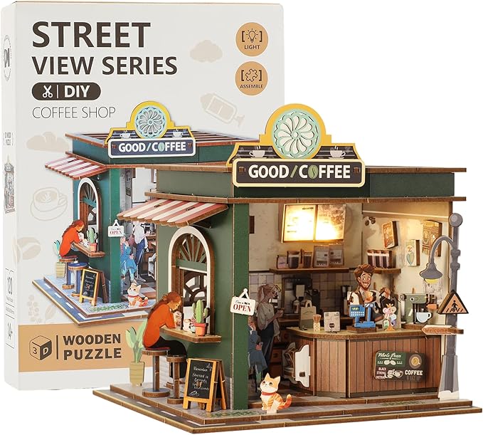 Book Nook Kit - DIY Miniature House Kit for Adults, Dollhouse Booknook Tiny House Bookshelf Decor 3D Wooden Puzzle Street Model, Ideal Gift for Book Lovers, Family, Friends (Coffee Shop)