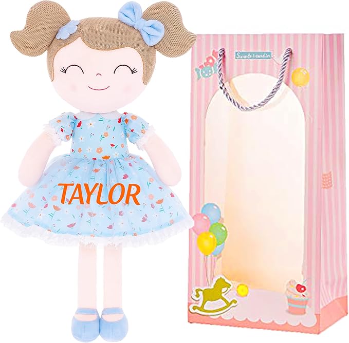 Gloveleya Personalized Doll with Your Name - Cute Floral Blue Custom Soft Plush Doll for Girls Plush Doll Customized Gifts - Muñecas de Trapo Personalizadas para Niñas