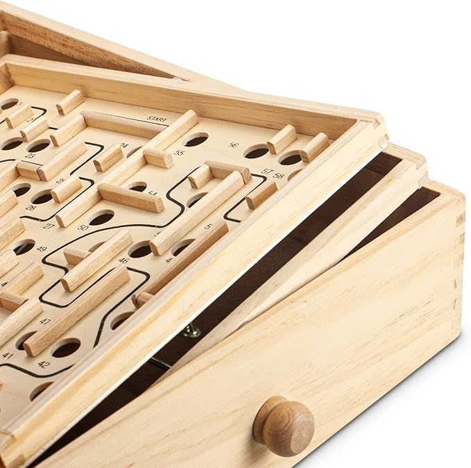 STERLING Wooden Labyrinth Marble Maze Game, Large 12.75" x 11.5" Tilt Maze Game Board with 60 Waypoints and Marble Balls Included, for Kids and Adults 6 Years and Up