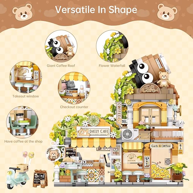 Creative Brick Box Street View-Coffee Shop Mini Building Toy Animals Interactive for Kids, Simulation Architecture Toy for Girls and Boys Ages 6+ - Gift Easter, Birthday, Christmas (1077 PCS)