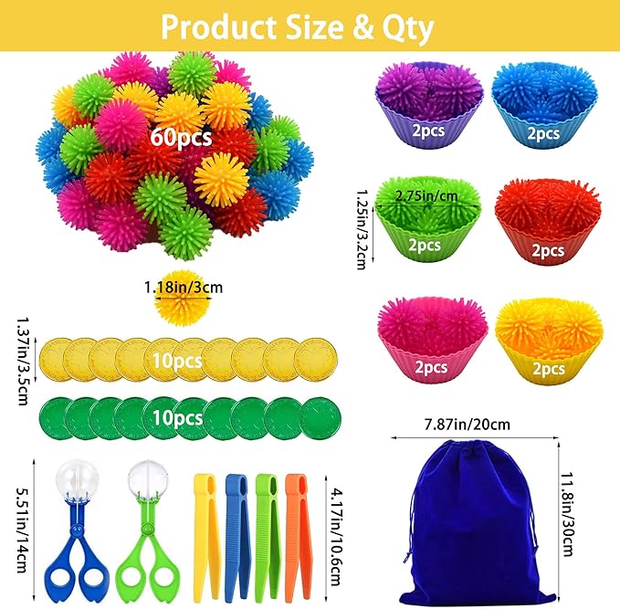 99pcs Fine Motor Skills Counting Sorting Sensory Bin Filler Included 60 Hedge Ball 4 Tweezer 2 Scissor Clip 20Pcs shamrock coins 12 Sorting Cup 1 Storage Bag for Preschool Early Education (Multicolor)