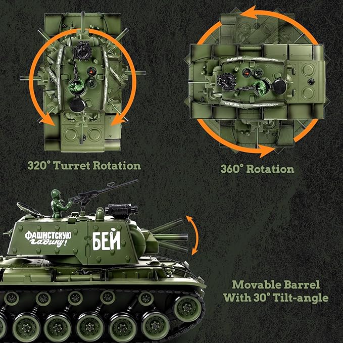 1:18 RC Tank, 2.4Ghz Soviet Union KV1 Remote Control Tank Model Toys, 15 Channel Battle Army Toy with Smoke, Light and Sound, Military RC Vehicle for Adult and Kid that Shoot BBS and Water Bomb